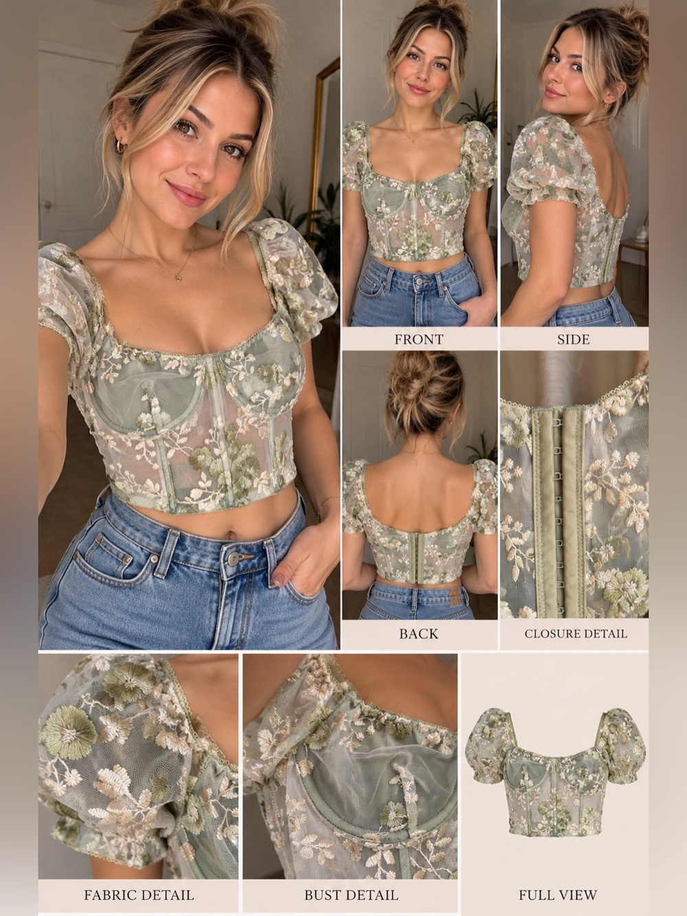 ROMWE Sage Green Floral Embroidered Puff-Sleeve Corset Crop Top